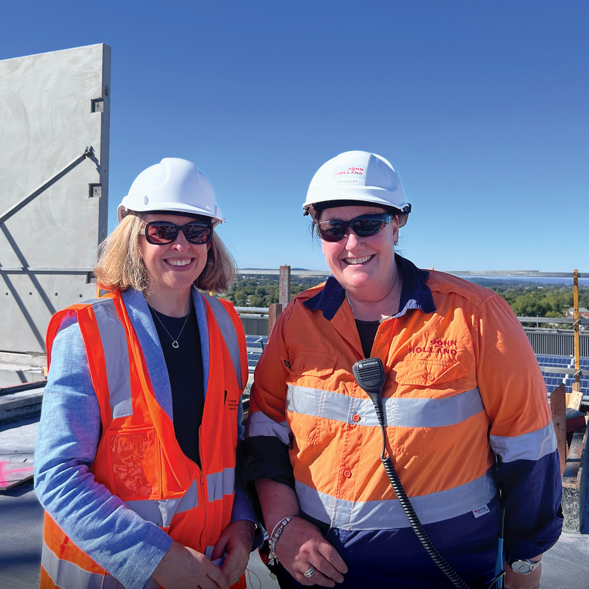 Anna Marshal, VHBA Executive Program Delivery Director, with Sam Sculley, John Holland Site Supervisor onsite at the Ballarat Base Hospital redevelopment