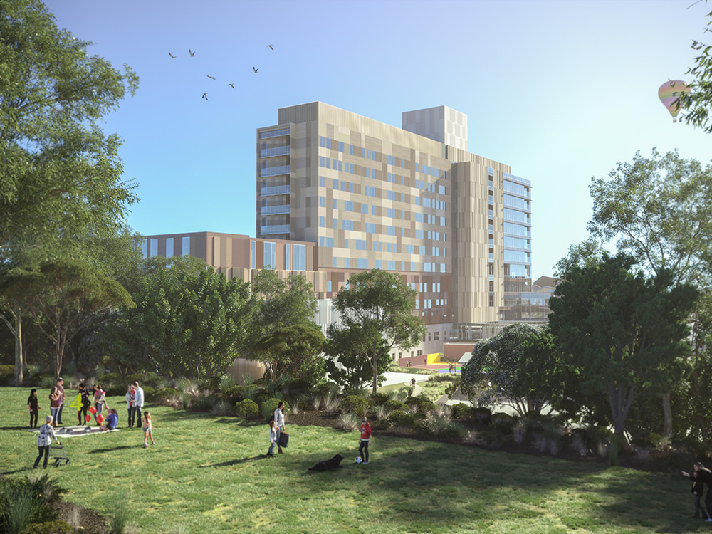 Artist impression showing hospital from viewpoint of sitting in the park