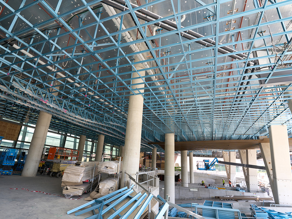 Criss-crossing blue scaffolding and cement poles