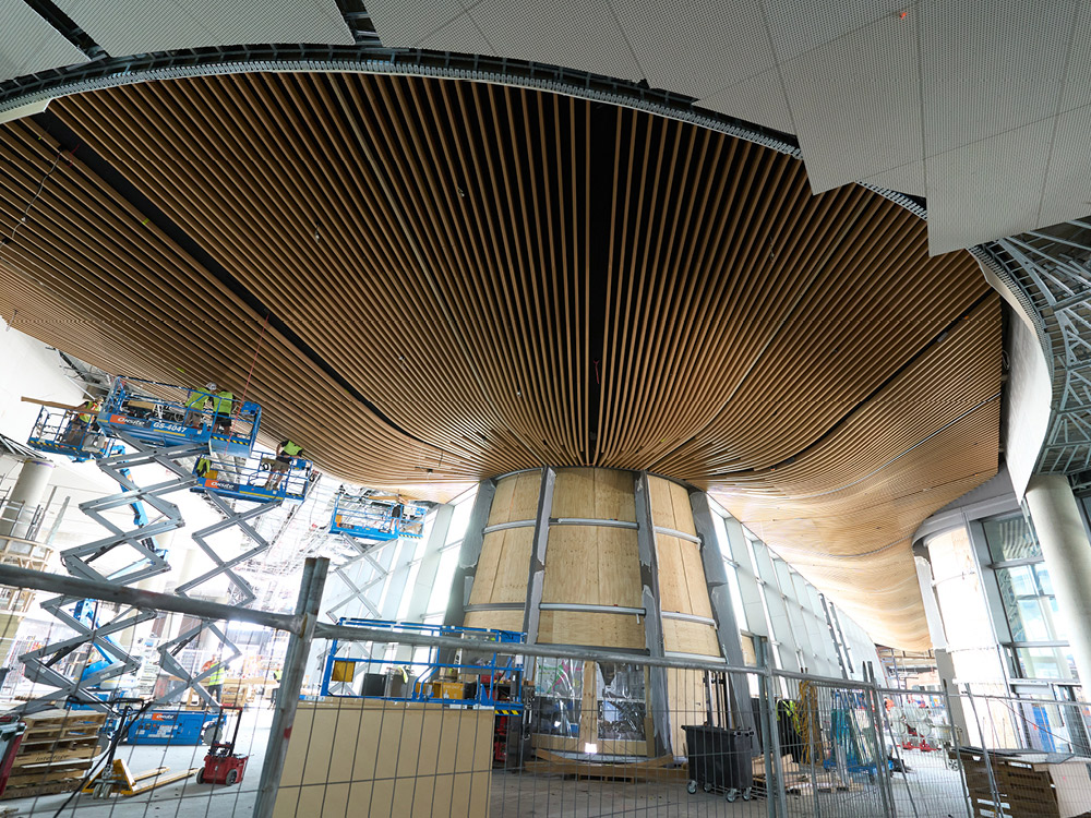 View of a unique internal ceiling lined with timber batons