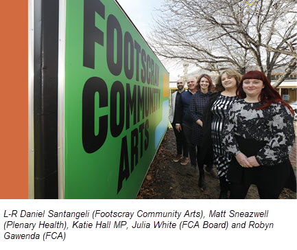 Image of a group of people pictured in front of a Footscray Community Arts billboard. L-R Daniel Santangeli (Footscray Community Arts), Matt Sneazwell (Plenary Health), Katie Hall MP, Julia White (FCA Board) and Robyn Gawenda (FCA)