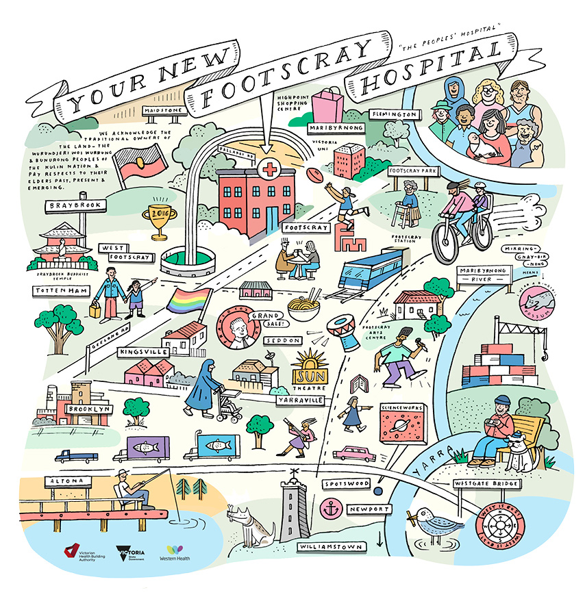 An cartoon-style illustration of suburbs surrounding the New Footscray Hospital