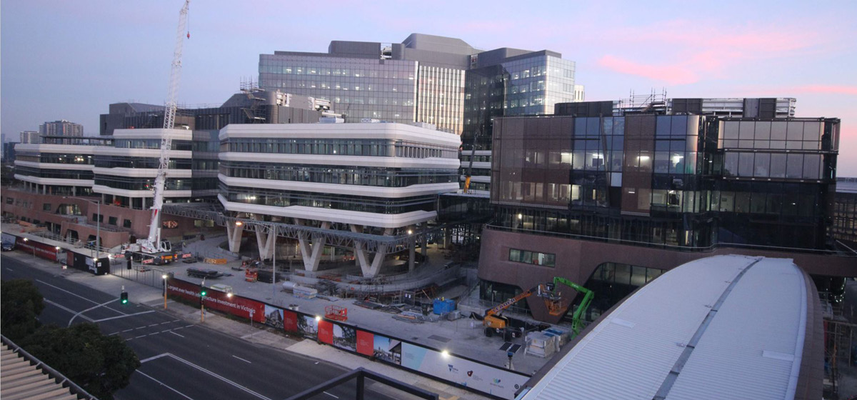 A view from above a footbridge of New Footscray Hospital