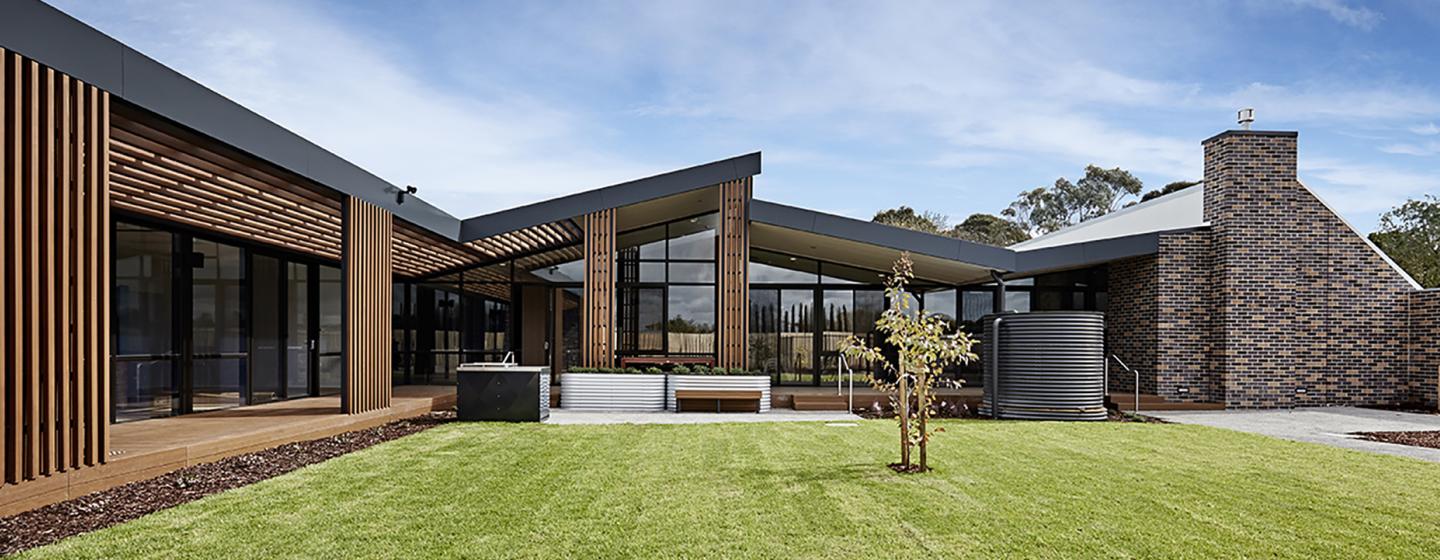 Internal courtyard at South West Healthcare prevention and recovery care centre. Designed by Bamford Architects.