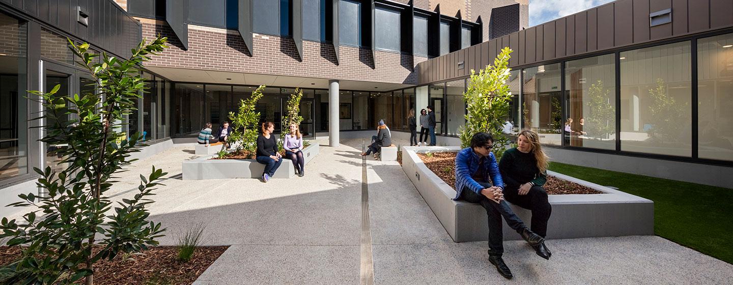 Outdoor courtyard within the Clare Moore Building a 54-bed mental health facility at Werribee Mercy Hospital