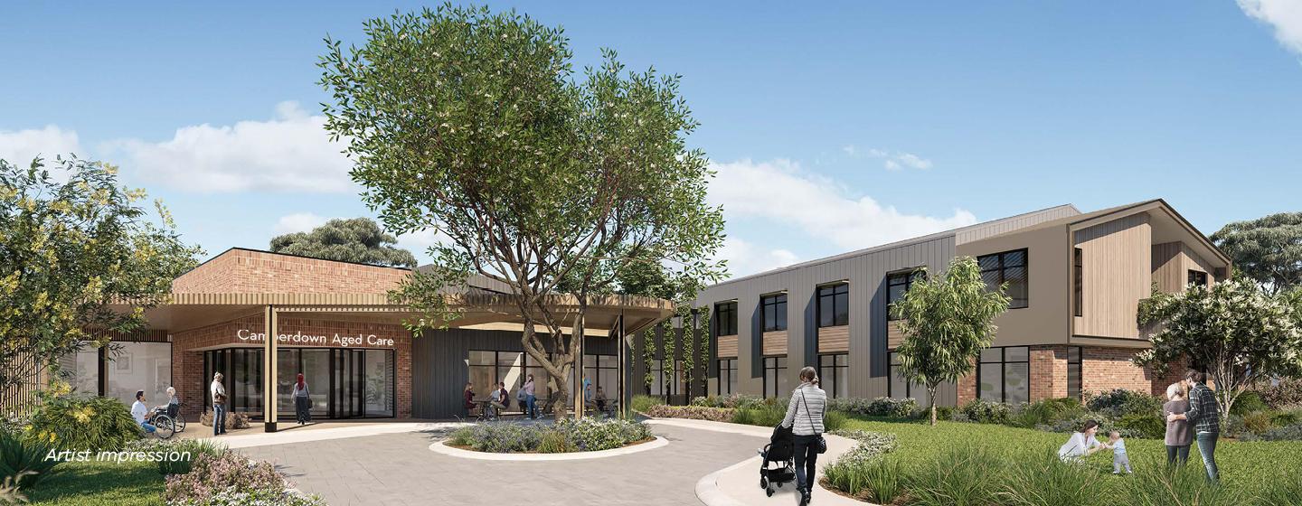 Artist impression of the Camperdown aged care facility exterior entrance with person out the front