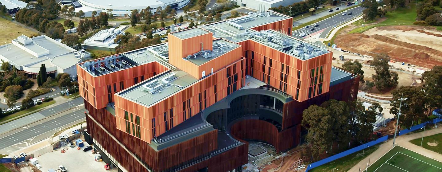 Drone image of the Victorian Heart Hospital site with major construction complete taken November 2022