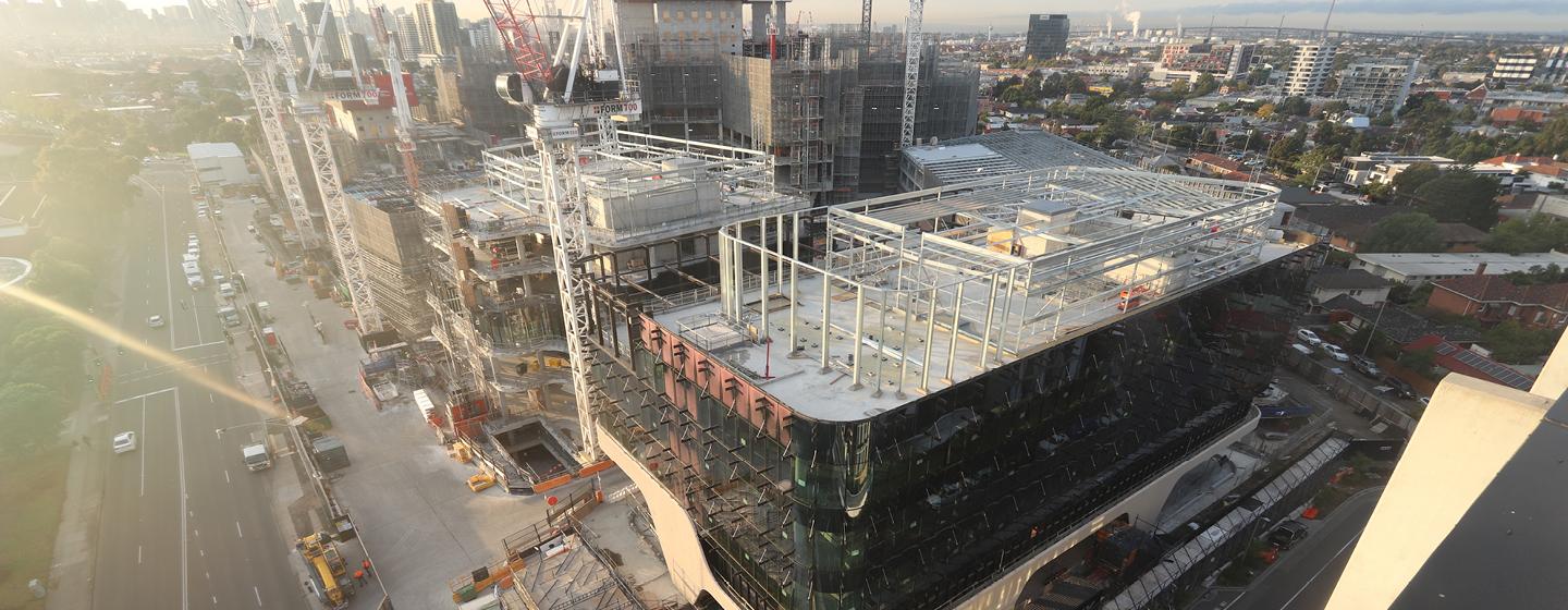 Aerial view of the new Footscray Hospital under construction in April 2023