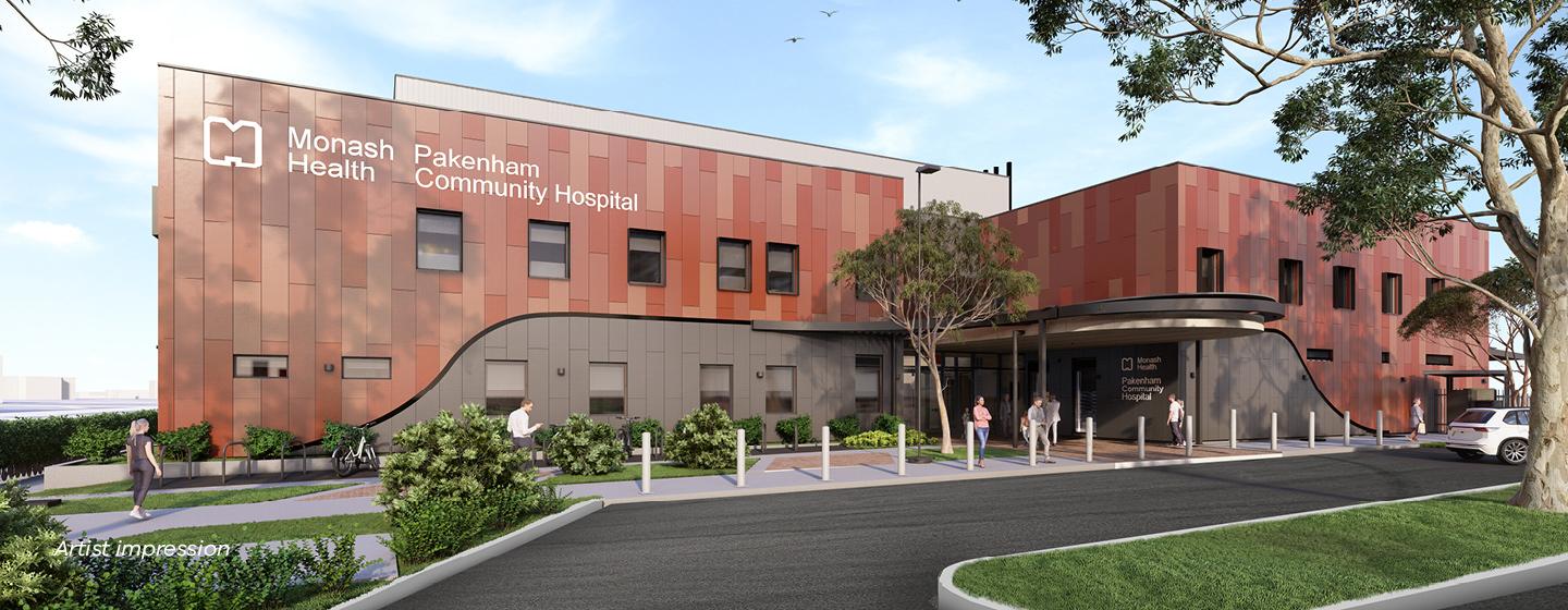 Artist impression of the exterior of Pakenham Community Hospital, with an earthy-toned facade