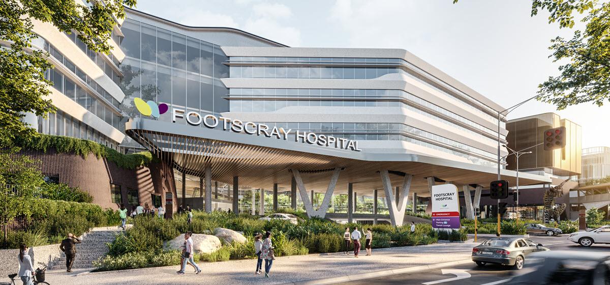 Artist impression of the Ballarat Road view of the new Footscray Hospital