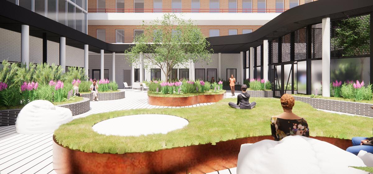 Artist's impression of a courtyard area with lawns, flowers and people doing yoga