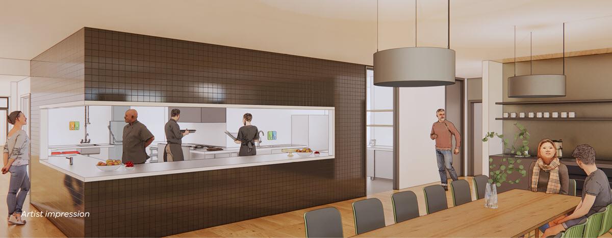 Artist impression of a kitchen and dining area inside Westside Lodge