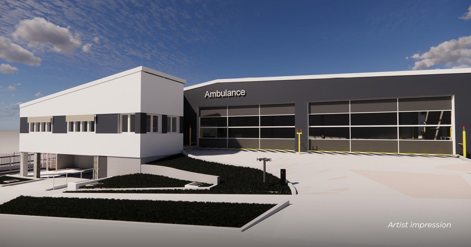 Artist impression of the Oak Park ambulance branch showing a grey and white building against a blue sky