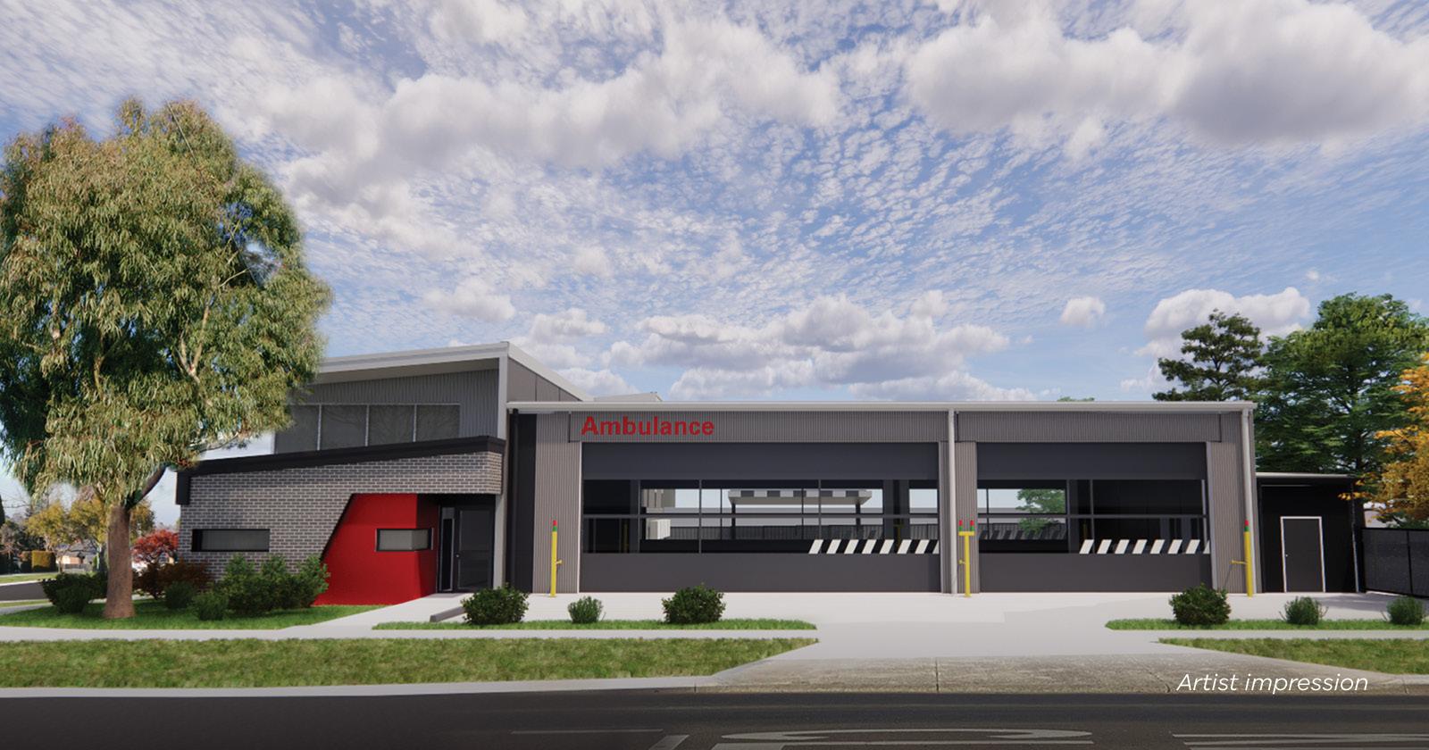 Artist impression of the Epping ambulance branch showing a grey and red building against a cloudy sky