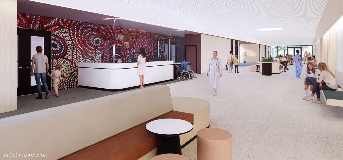 Artist impression: People in a reception area with Aboriginal art on one wall