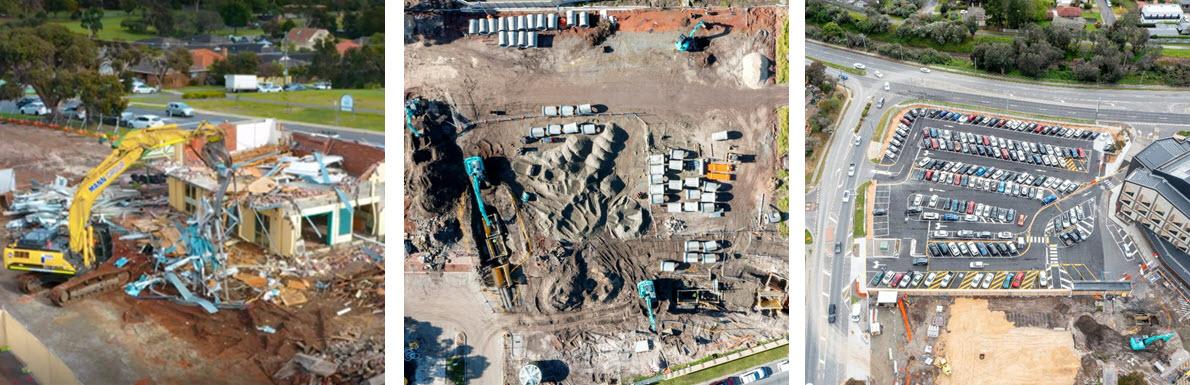 Three images showing stages of construction on the Frankston Hospital redevelopment site in 2022. 1. Site demolition. 2. Aerial view of cleared site. 3. Aerial view of new temporary carpark 