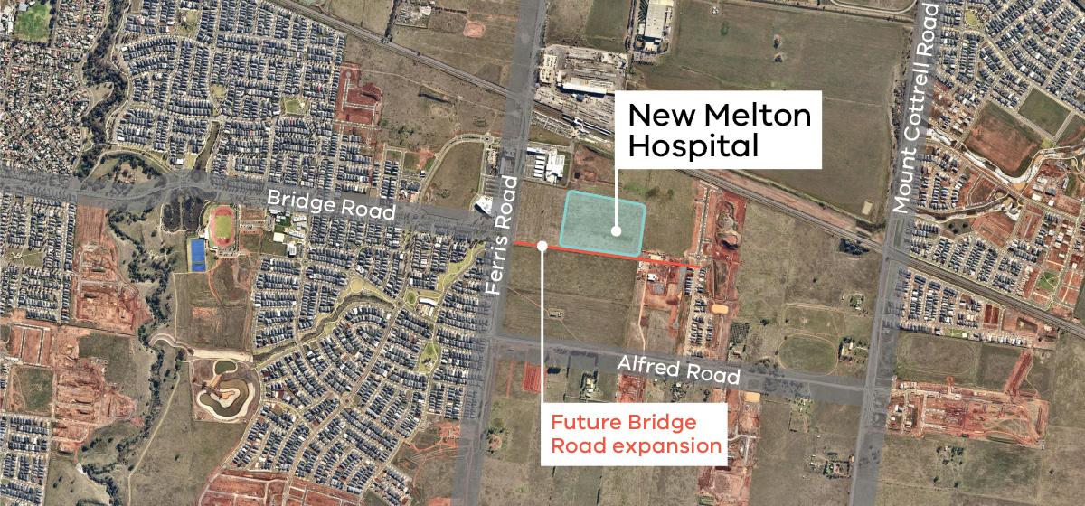 An aerial view of a map that shows the location for the New Melton Hospital.