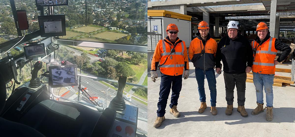 On the left, a view from a crane seat over roads and green fields. On the right, four men in fluorescent vests and hard hats stand together on a construction site, smiling