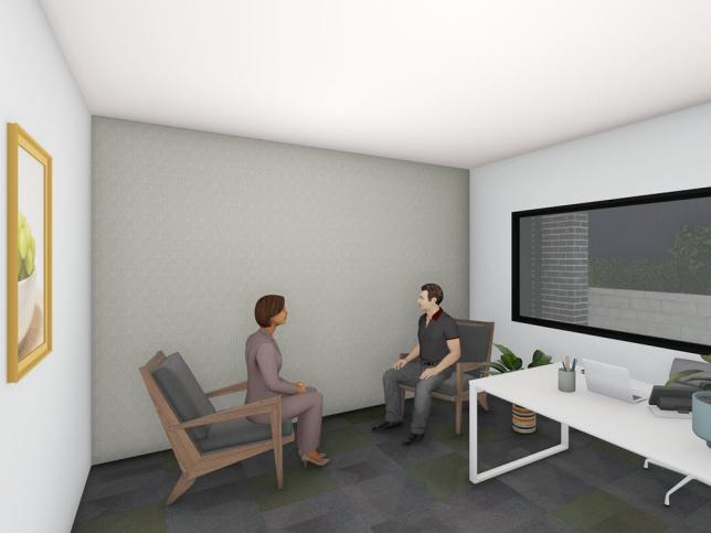 Artist's impression of a meeting room featuring two people talking to each other