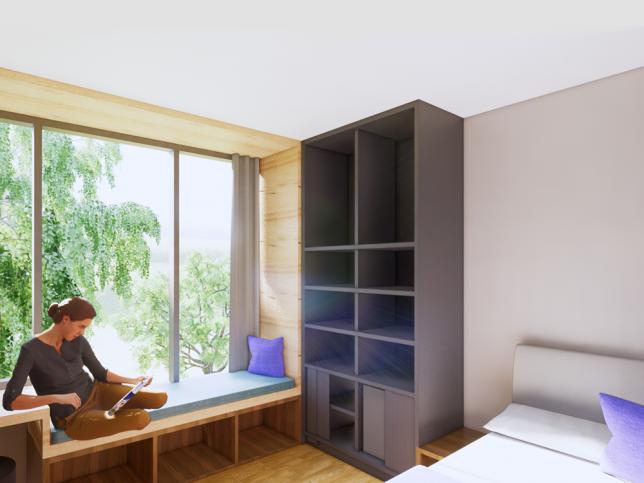 Artist's impression of a bedroom with a large window and a bookcase at the North West YPARC facility