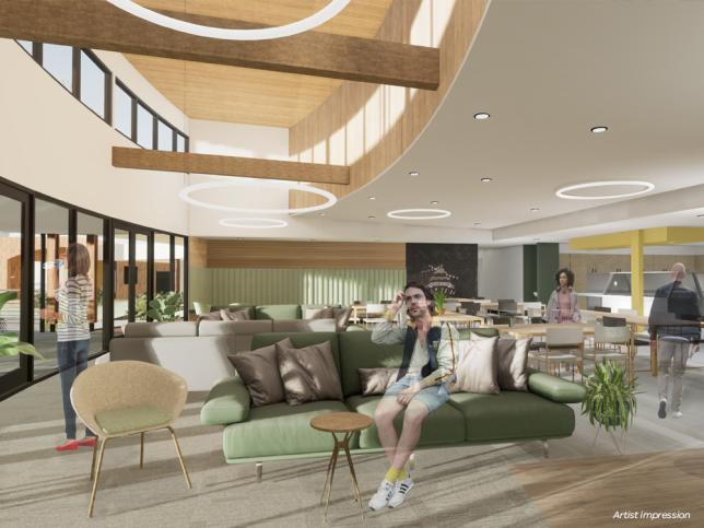 Artist's impression of a communal space with chairs and couches in the Wangaratta facility