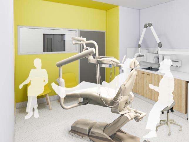 Artist’s impression of a dental consulting room with dental chair and equipment