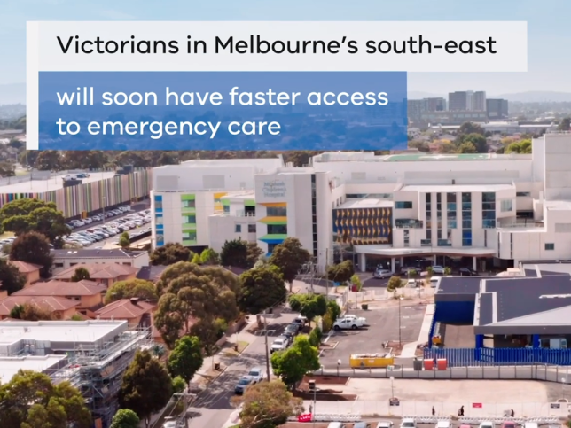 Aerial view of Monash Children's Hospital with the text 'Victorians in Melbourne's south-east will soon have faster access to emergency care'