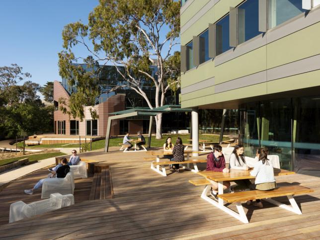 Young people sitting at an outdoor area