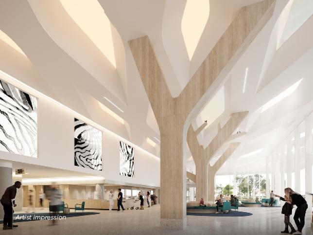 Aerial artist impression inside hospital entrance with flowing shapes