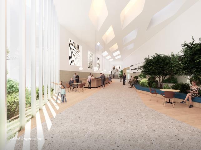 Artist impression of pathway through hospital with kids looking out floor-to-ceiling windows