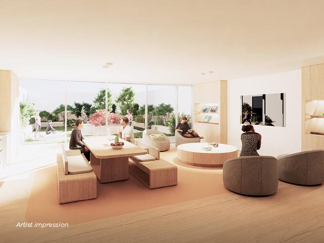 Artist impression of people relaxing on chairs in an open space with garden space behind