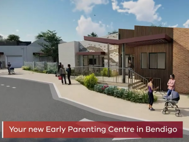 An artist impression of an early parenting centre with the words 'Your new Early Parenting Centre in Bendigo'