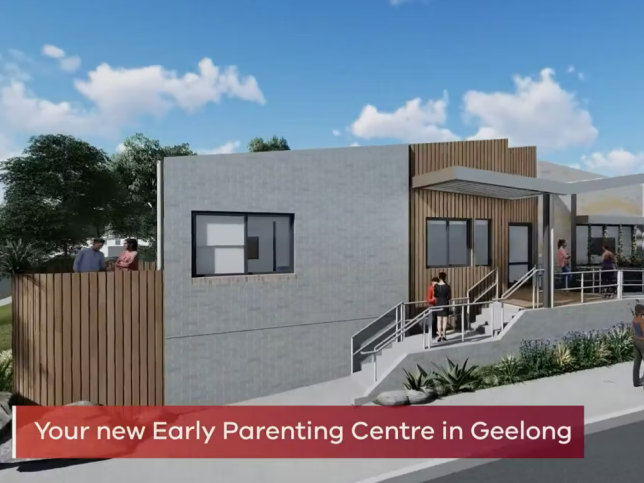 Artist impression of an early parenting centre with the words 'Your new Early Parenting Centre in Geelong'