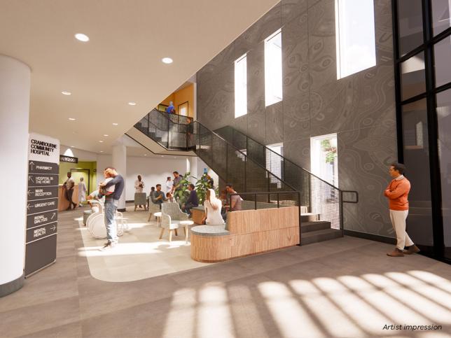 Artist impression of Cranbourne Community Hospital main entry and waiting room