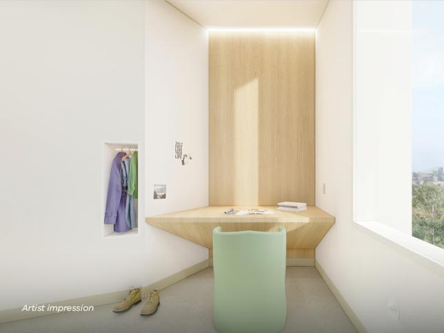 Artist impression of bedroom interior at Thomas Embling Hospital