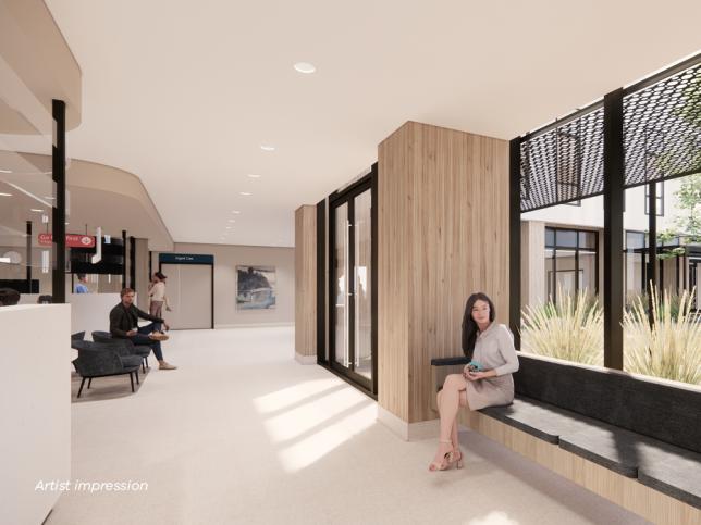 Artist impression of the waiting area of the Phillip Island Community Hospital. A woman waits on a bench seat by a window overlooking the courtyard. Outside a family plays. 