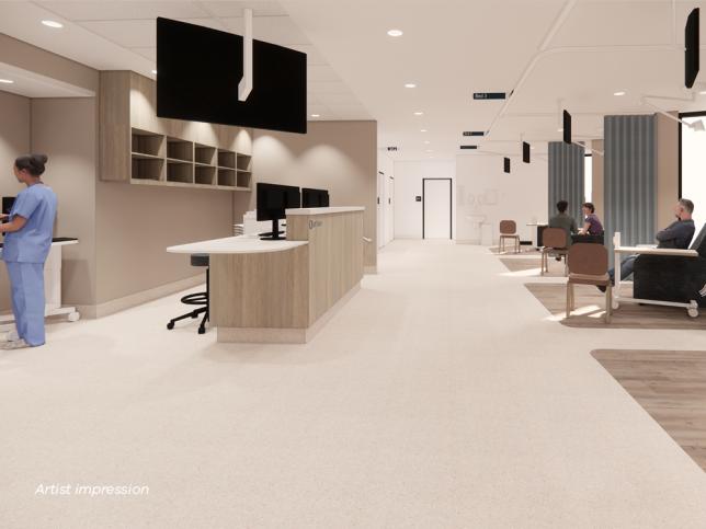 Artist impression of the renal and chemotherapy area of the Phillip Island Community Hospital. The bays feature large comfortable chairs, and privacy curtains. Staff are working nearby to keep an eye on patients.