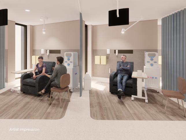 Artist impression of the treatment bays of the Phillip Island Community Hospital. The bays feature large comfortable chairs, and privacy curtains.