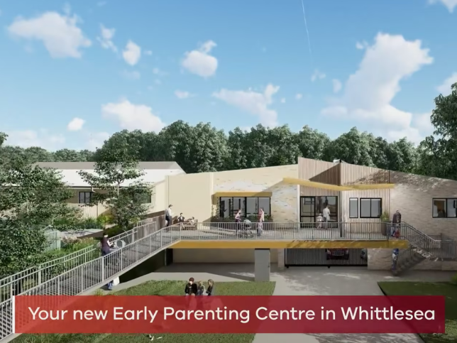 Artist impression of an early parenting centre with the words 'Your new Early Parenting Centre in Whittlesea'