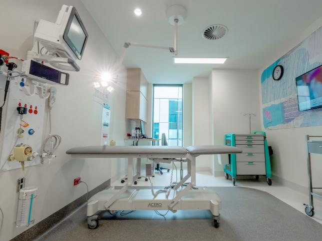 A treatment room with a bed in the new ward at the Royal Children's Hospital