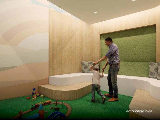 Artist impression of a father and child playing in the play area inside the University of Geelong's new emergency department