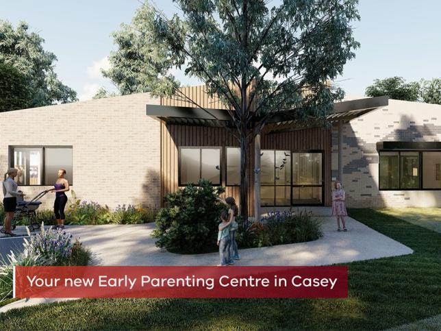 Thumbnail of video that shows the outside of the Casey Early Parenting Centre with children and their parents. Text says 'Your new Early Parenting Centre in Casey'