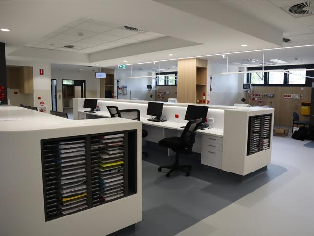 A photo of A nurse station and administration area at the redeveloped Wangaratta Hospital. 