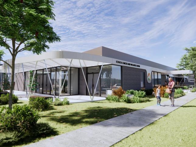 View of the Echuca Cancer Centre and Wellness Centre from the street. There is grass and a footpath.