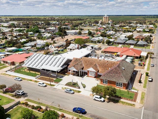 The outside of the East Wimmera Birchip campus. It is an aerial view of the top of the building and the street.