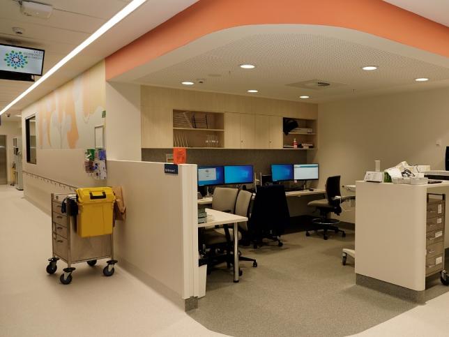 Staff admin area with multiple computers, desks and chairs in the new emergency department at the Shepparton Hospital