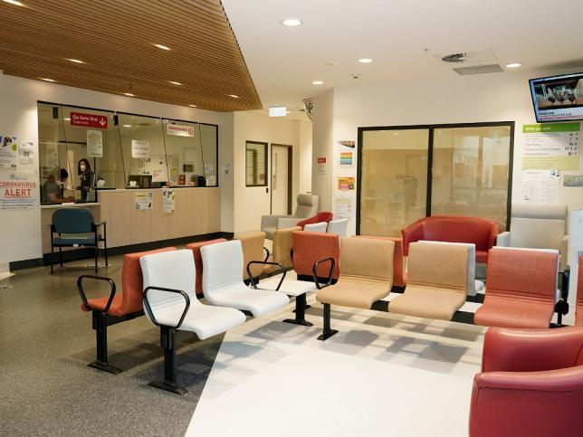 Multiple chairs in the communal waiting area at the new emergency department of Shepparton Hospital