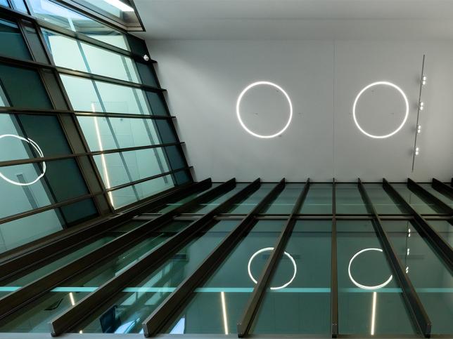 Looking up at ring shaped lights inside the expanded Wonthaggi Hospital 