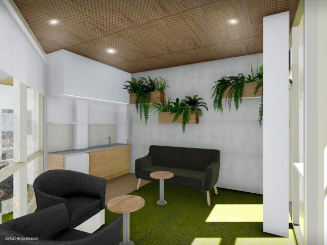 Artist impression: New family and carer lounge at Thomas Embling Hospital with white walls, couches and plants