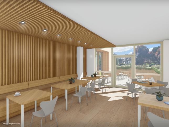 Artist impression: New staff lounge at Thomas Embling Hospital with wood panel walls and white chairs